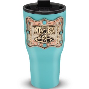 A custom tumbler made of stainless steel with a personalized engraved name and NPBA logo decoration with turquoise stones, 30 oz, ideal for coffee or cool drinks